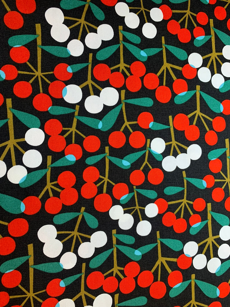 Red and White Cherries on Black - Mushroom & Cherry - Cosmo Japan Cotton Oxford Fabric