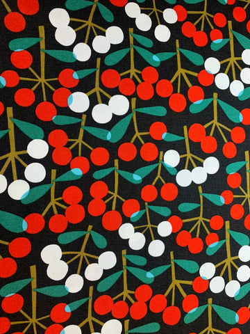 Red and White Cherries on Black - Mushroom & Cherry - Cosmo Japan Cotton Oxford Fabric