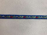 Vintage Red Flowers on Blue - Jacquard Ribbon 7/16" wide -2 Yards-