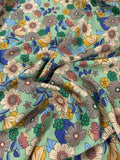 Retro Hippie Floral on Mint Green - 100% Rayon Challis Fabric