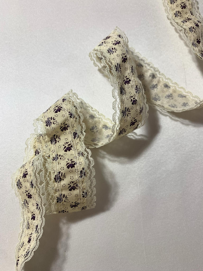 Purple on Ivory Calico Floral w/ Lace Edge Craft or Floral Ribbon 1 1/2" wide x 5 Yards