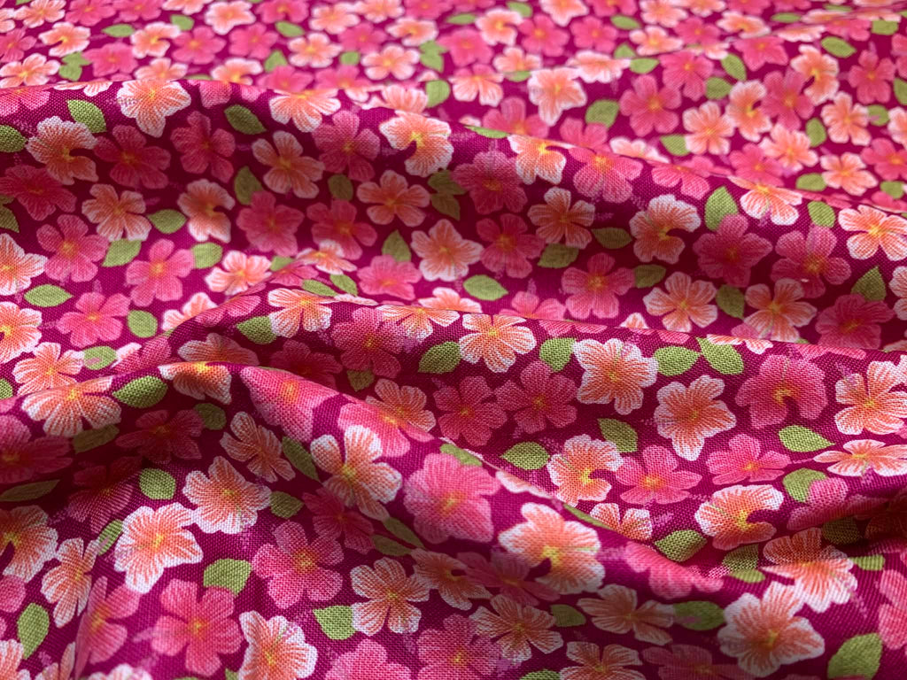 Hibiscus Hummingbird Pink Floral Lewis & Irene Cotton Fabric
