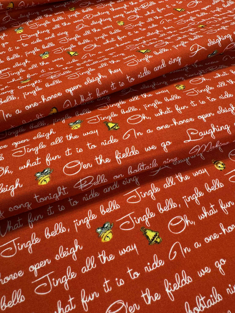 Jingle Bells Lyrics on Red by Riley Blake Lindsay Wilkes 100% Cotton Fabric Retro Christmas