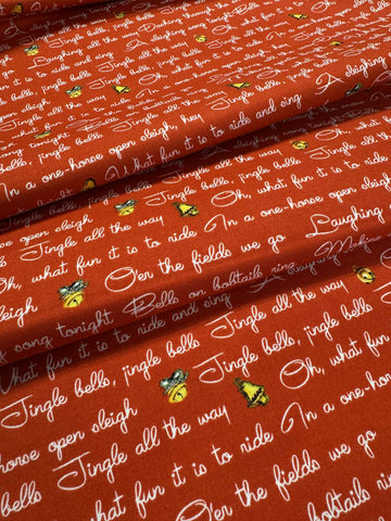 Jingle Bells Lyrics on Red by Riley Blake Lindsay Wilkes 100% Cotton Fabric Retro Christmas