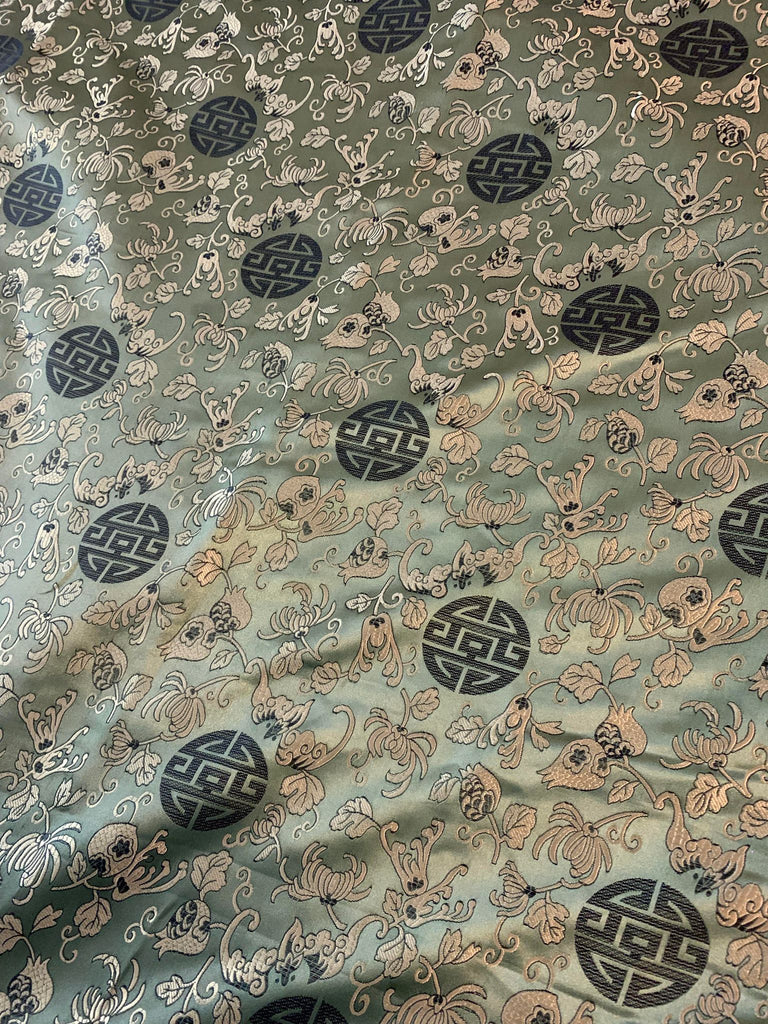 Sage Green & Gold Floral Medallions - Faux Silk Brocade Fabric