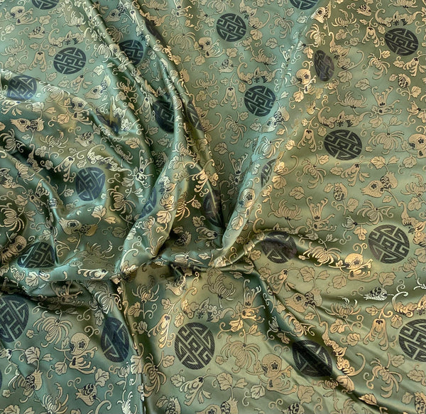 Sage Green & Gold Floral Medallions - Faux Silk Brocade Fabric – Prism ...