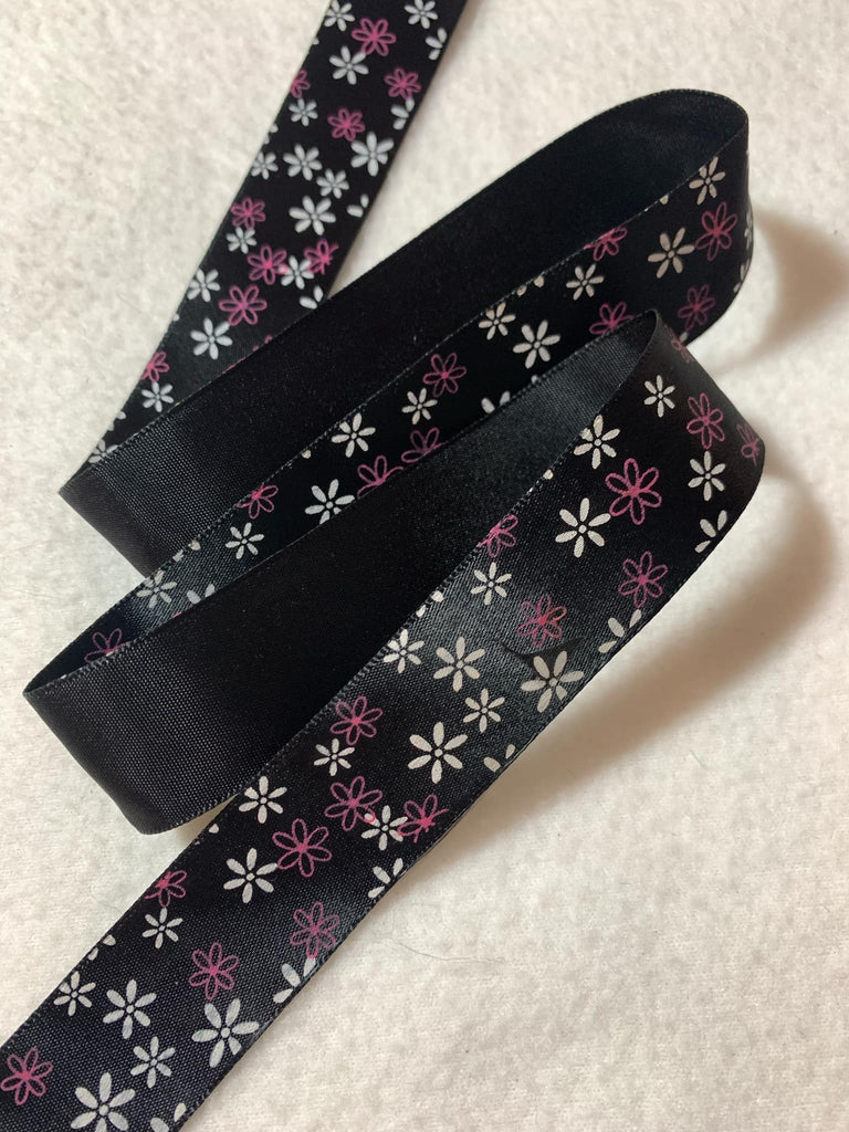 Vintage Black with Pink & White Flowers Satin Ribbon 1" wide - 3 Yards