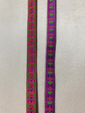 Vintage Pink Flowers on Purple - Jacquard Ribbon 1/2" wide -2 Yards-