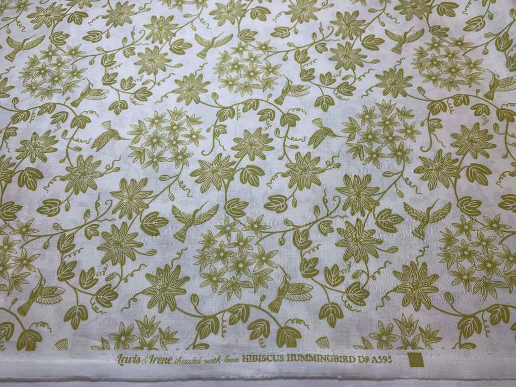 Hibiscus Hummingbird on White Lewis & Irene Cotton Fabric
