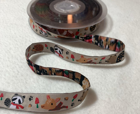 Woodland Forest Animals with Mushrooms Jacquard Ribbon Trim 5/8" Made in France