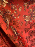 Red & Gold Peony Floral - Faux Silk Brocade Jacquard Fabric