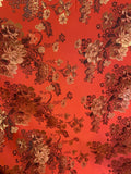 Red & Gold Peony Floral - Faux Silk Brocade Jacquard Fabric