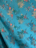 Turquoise Mums Floral - Faux Silk Brocade Jacquard Fabric