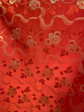 Red & Gold Ribbon Roses - Faux Silk Brocade Fabric
