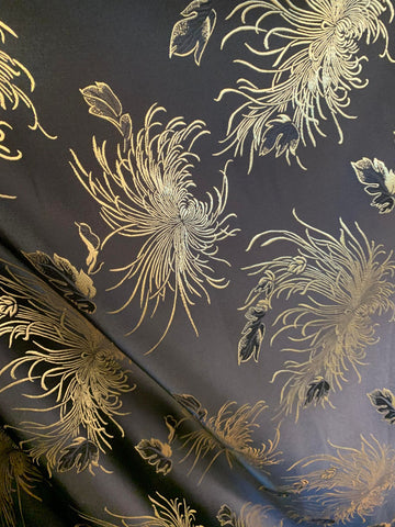Black & Gold Mums Floral - Faux Silk Brocade Jacquard Fabric