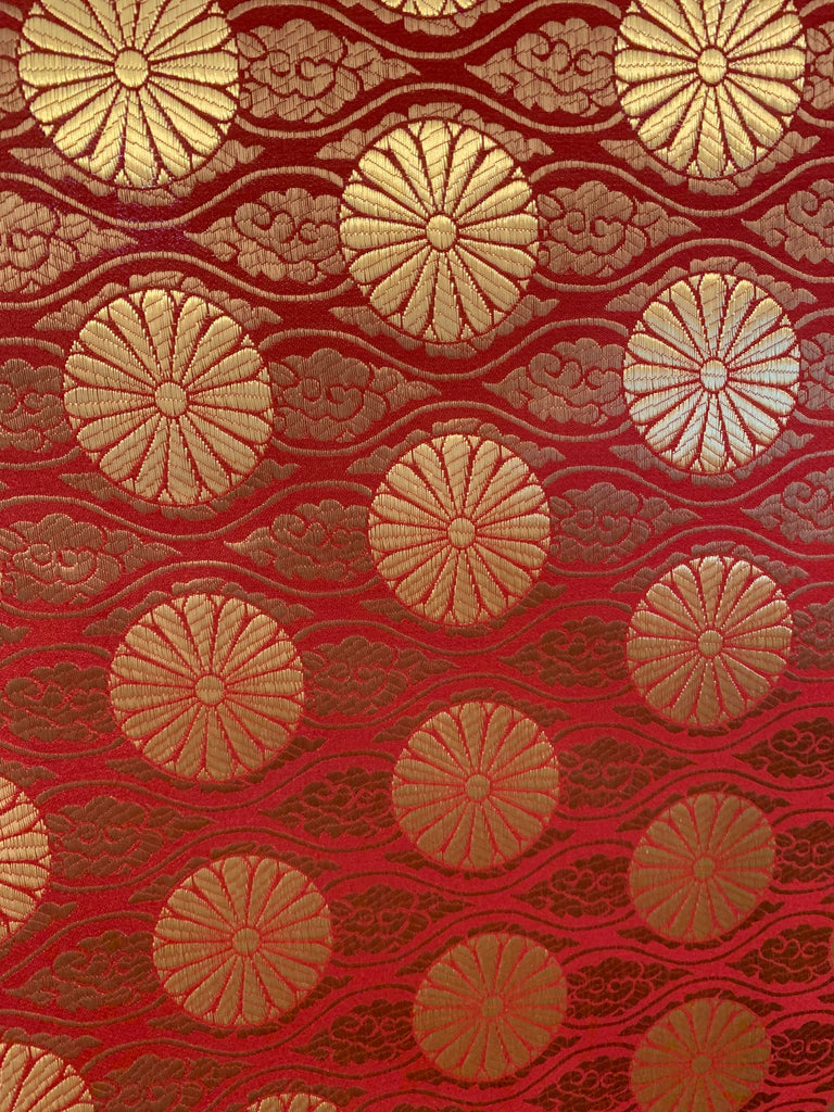 Red & Gold Floral Medallions with Clouds - Faux Silk Brocade Fabric