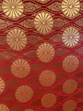 Red & Gold Floral Medallions with Clouds - Faux Silk Brocade Fabric