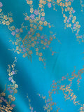 Turquoise Cherry Blossom Floral - Faux Silk Brocade Jacquard Fabric