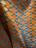 Orange & Gold Floral Medallions with Clouds - Faux Silk Brocade Fabric