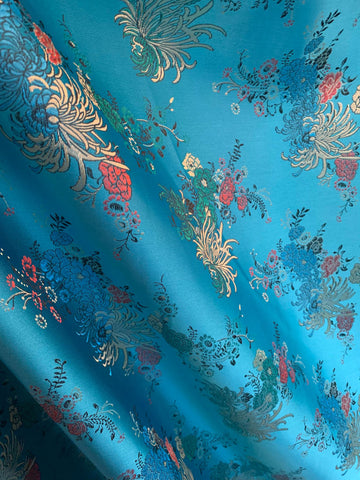 Turquoise Mums Floral - Faux Silk Brocade Jacquard Fabric