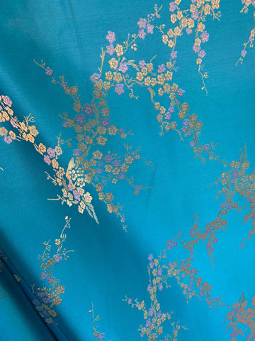 Turquoise Cherry Blossom Floral - Faux Silk Brocade Jacquard Fabric