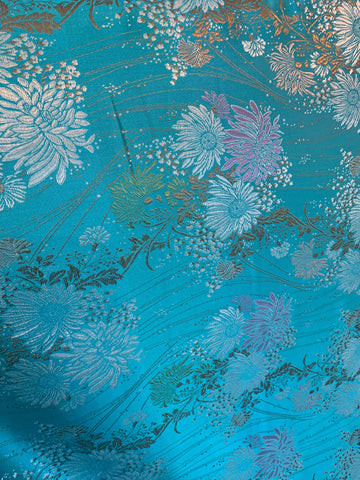 Turquoise Daisy Floral - Faux Silk Brocade Jacquard Fabric