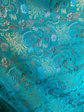 Emerald Green & Gold Paisley Mums Floral - Faux Silk Brocade Jacquard Fabric