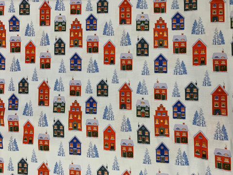 Tomten's Village Snow Winter Houses on Blue - Lewis & Irene Cotton Fabric