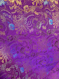 Purple & Gold Paisley Mums Floral - Faux Silk Brocade Jacquard Fabric