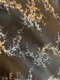 Black & Silver Cherry Blossoms Floral - Faux Silk Brocade Jacquard Fabric
