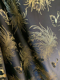 Black & Gold Mums Floral - Faux Silk Brocade Jacquard Fabric - 10"x23" Remnant