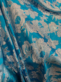 Large Turquoise & Silver Flowers - Faux Silk Brocade Jacquard Fabric