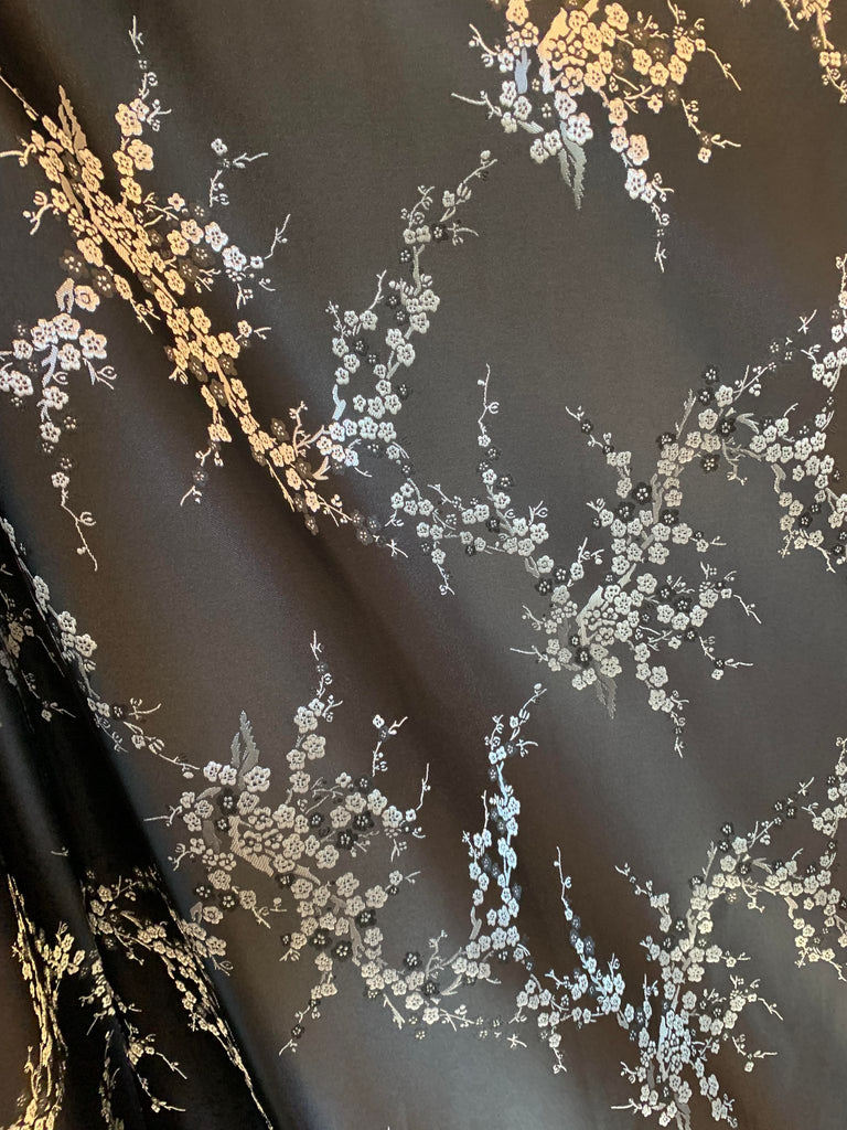 Black & Silver Cherry Blossoms Floral - Faux Silk Brocade Jacquard Fabric