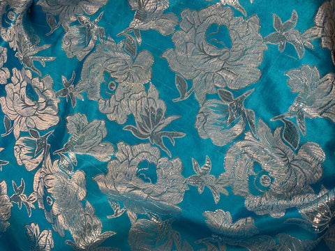 Large Turquoise & Silver Flowers - Faux Silk Brocade Jacquard Fabric