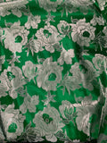 Large Kelly Green & Silver Flowers - Faux Silk Brocade Jacquard Fabric