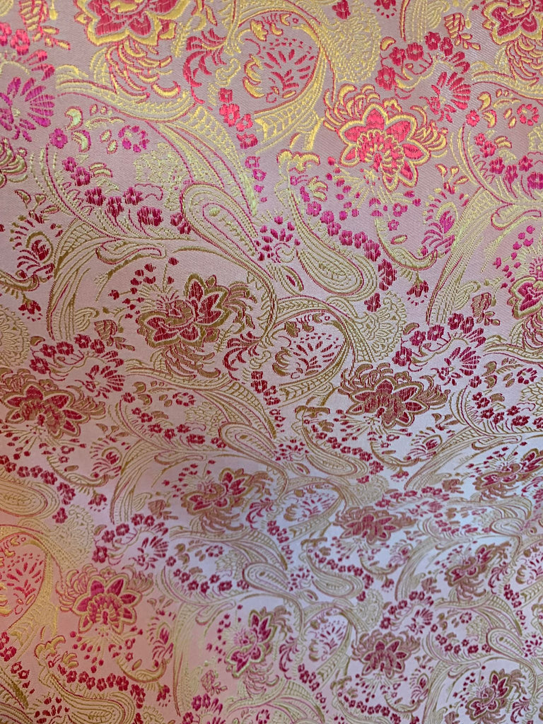 Pink & Gold Floral Paisley - Faux Silk Brocade Jacquard Fabric