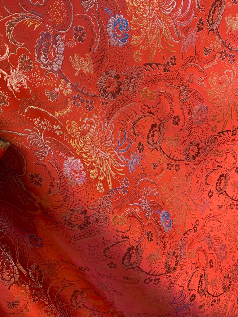 Red & Gold Paisley Mums Floral - Faux Silk Brocade Jacquard Fabric