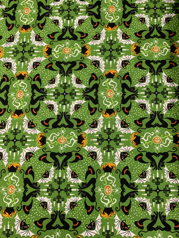 Green Kaleidoscope Cats Caldron Haunted House Glow in the Dark - Lewis & Irene Cotton Fabric