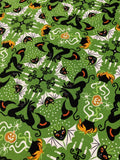 Green Kaleidoscope Cats Caldron Haunted House Glow in the Dark - Lewis & Irene Cotton Fabric