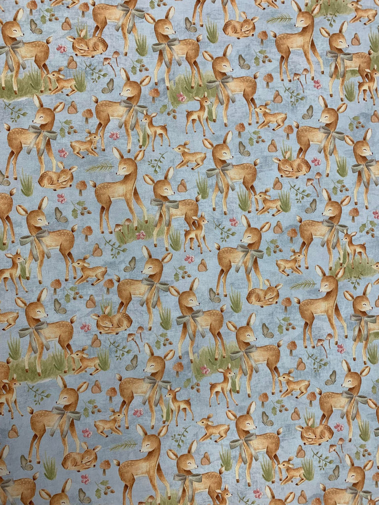 Deer on Blue - Nature's Nursery - Paintbrush Studio Cotton Fabric