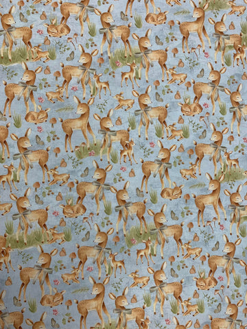Deer on Blue - Nature's Nursery - Paintbrush Studio Cotton Fabric
