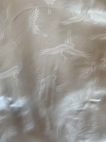 White Cranes Birds - 100% Silk Jacquard Fabric