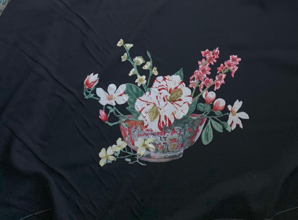 Floral on Black - 16mm Silk Crepe de Chine Fabric 44"x44" Panel