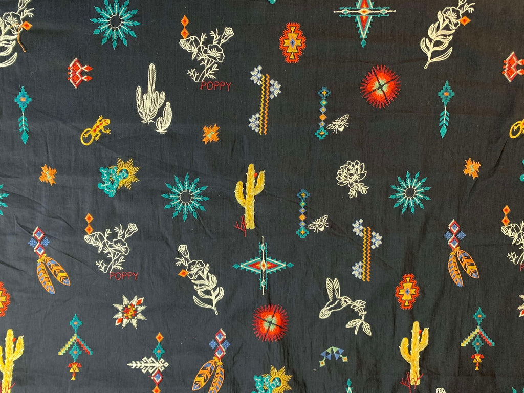 Embroidered Southwest Desert Motifs - Silk/Cotton Voile Batiste Fabric