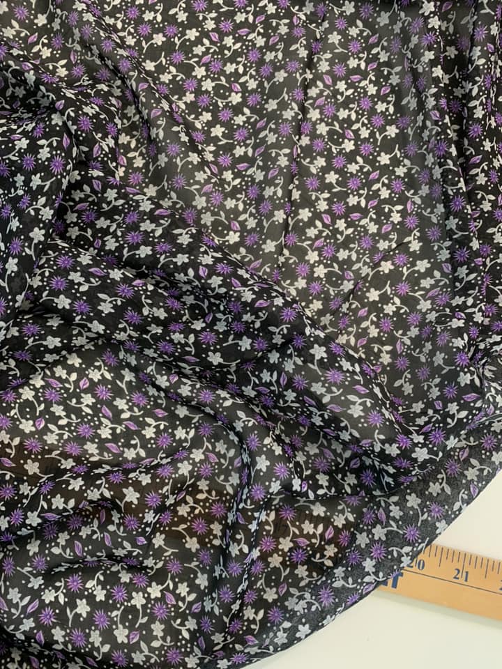 Purple & Black Floral - Polyester Chiffon Fabric 5 &1/3 yards x 58” wide