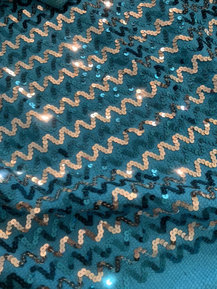 Teal Blue & Silver Metallic ZIG ZAG Poly KNIT Fabric 3 yards x 44” wide