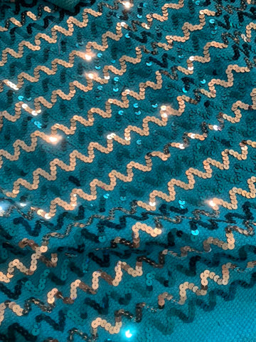 Teal Blue & Silver Metallic ZIG ZAG Poly KNIT Fabric 3 yards x 44” wide