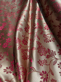 Champagne, Pink & Gold Flowers on Stems - Faux Silk Brocade Jacquard Fabric