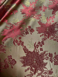 Gold with Red Poinsettia Christmas Floral - Faux Silk Brocade Jacquard Fabric