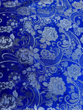 Royal Blue & Silver Paisley Floral- Faux Silk Brocade Jacquard Fabric